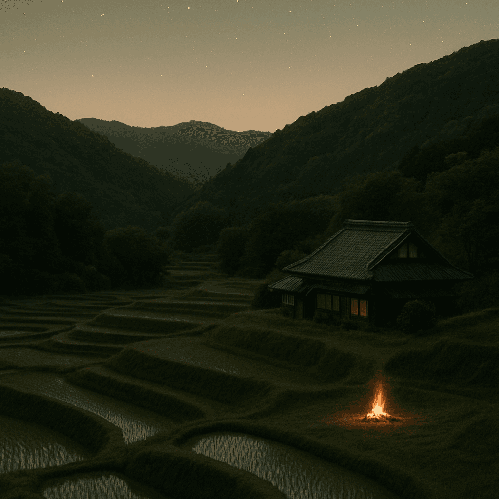 日本の原風景が広がる里山の夕景と焚き火
